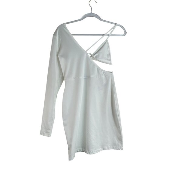 One-Shoulder White Bodycon Dress Large Sexy Club Stripper Stretch Y2K Party Rave - Picture 5 of 6